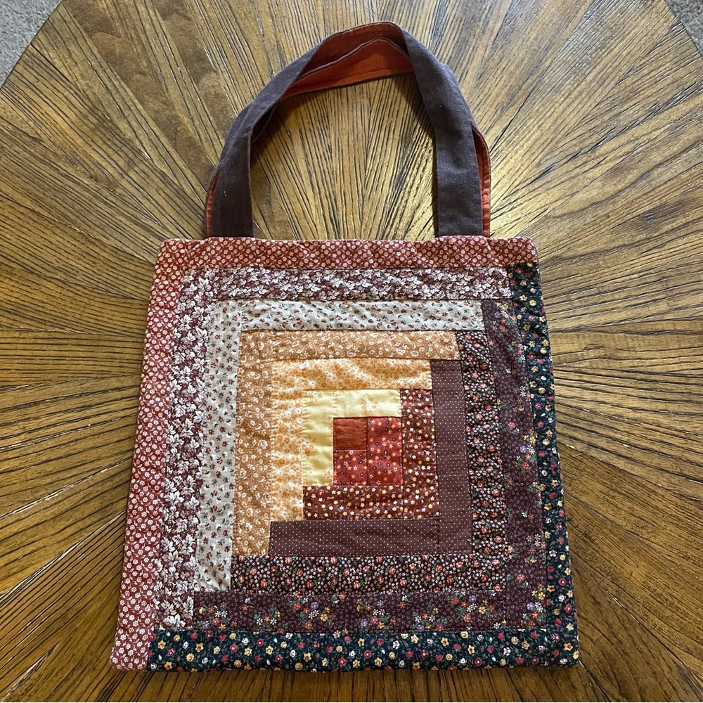 Handmade Patchwork Quilt Tote Bag in Rust and Brown
